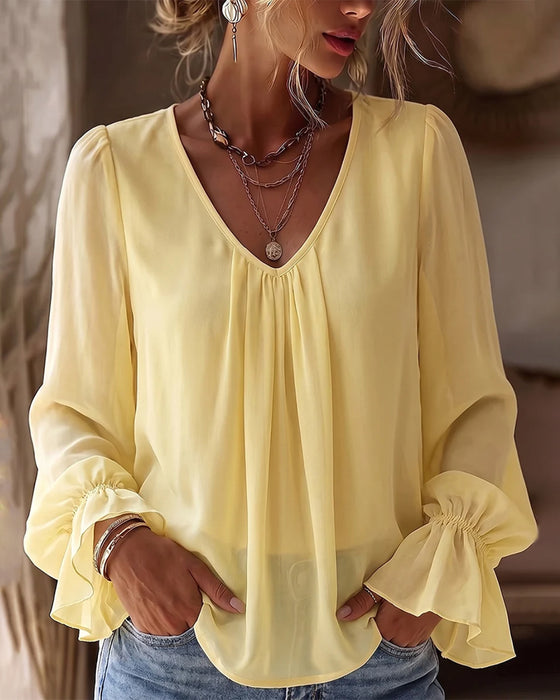 Bluse V-Hals Rynket Puffererme Ruffle