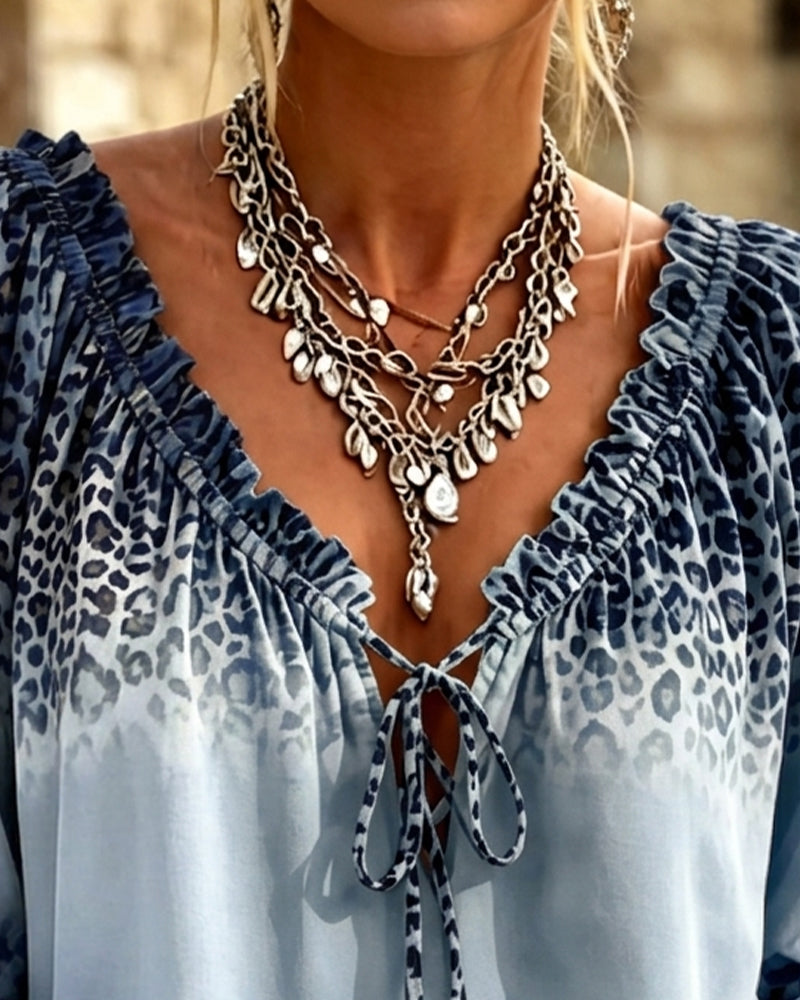 Bluse V-Hals Leopardmønster Snøring