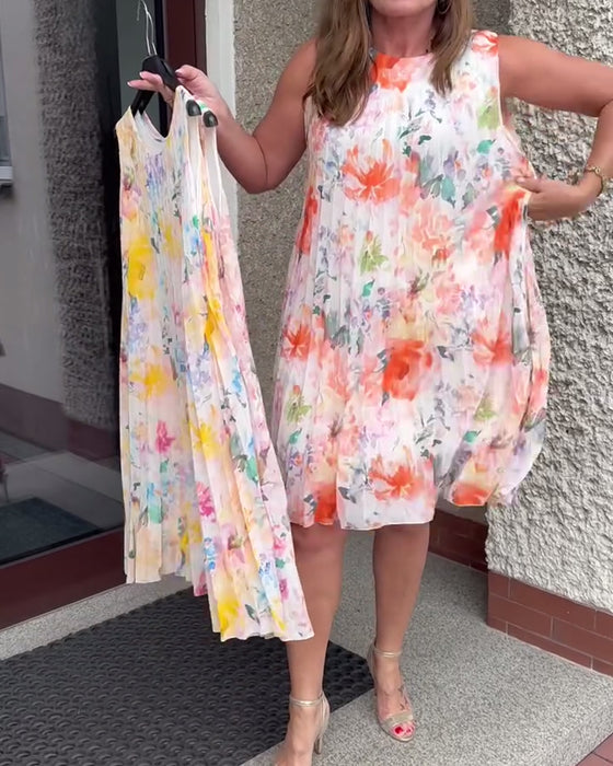 Kjole Ermeløs Plissert Blomstret