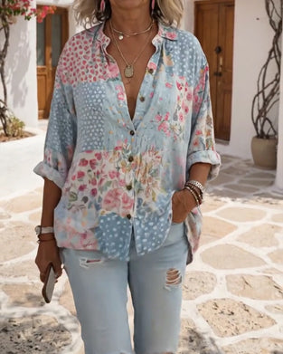 Skjorte Med Småblomstret Print Og Ståkrage