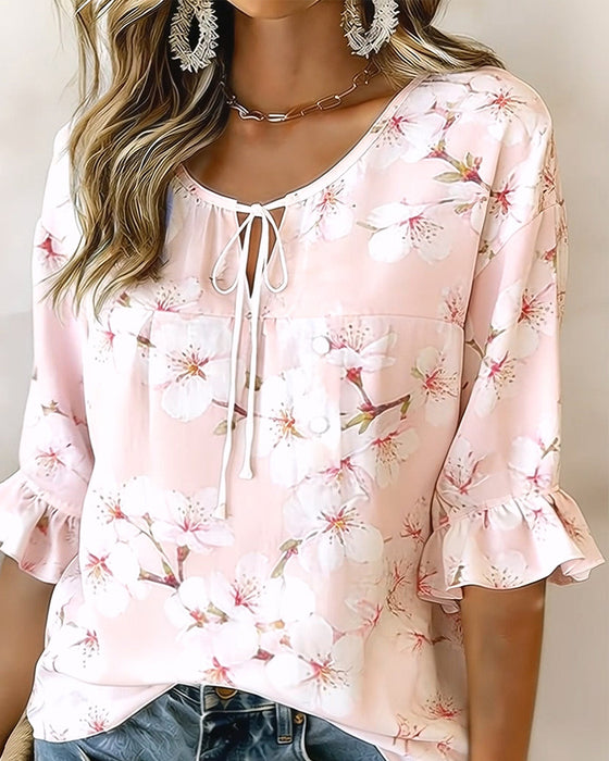 Bluse Kirsebærblomsttrykk Slips