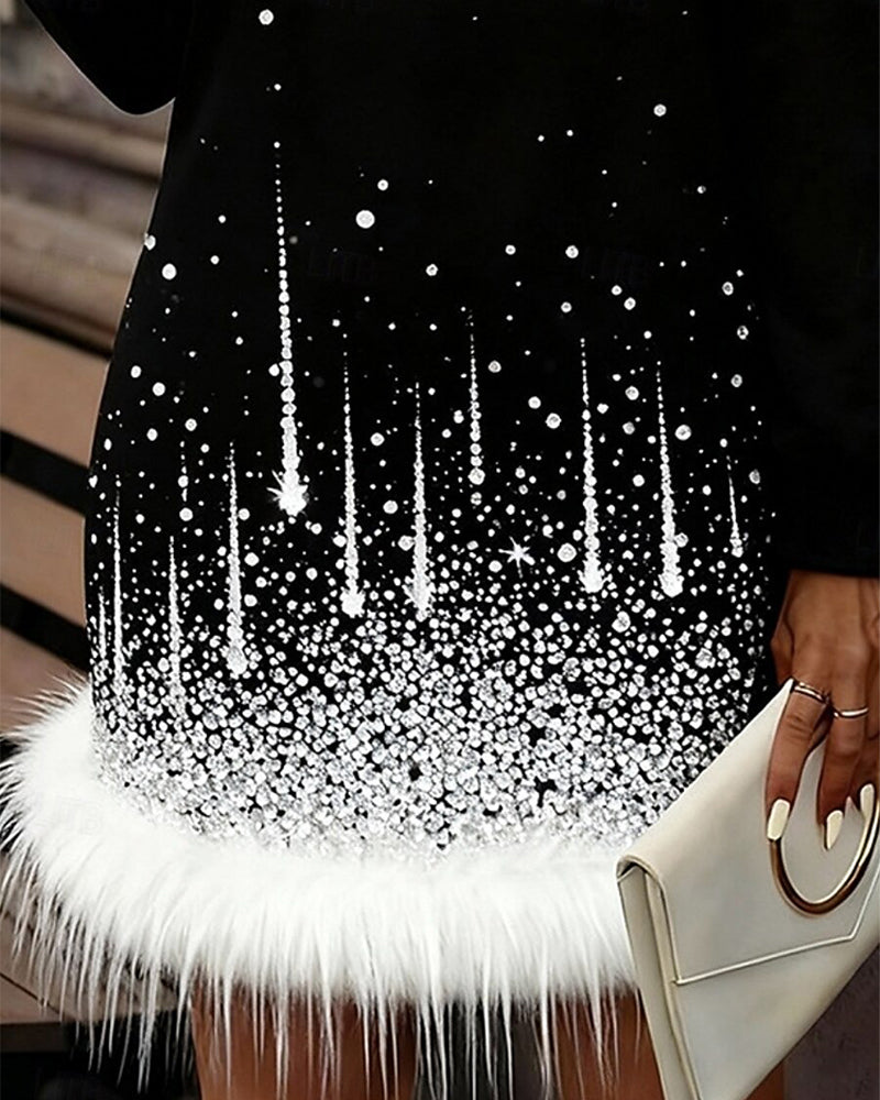 Kjole med plysj, lappeteppekant og rund hals