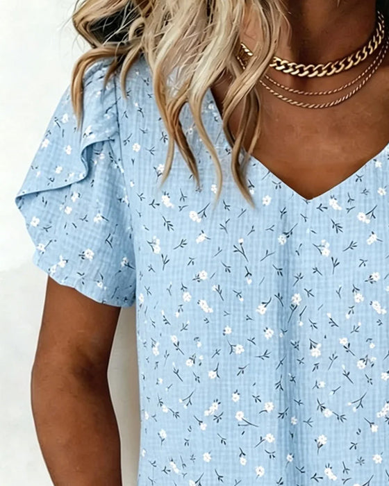 T-Shirt V-Hals Blomstrende Kort Erme