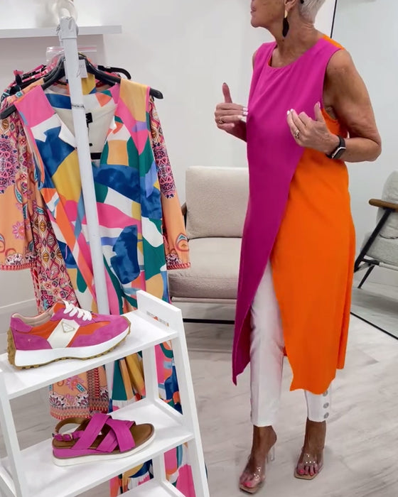 Bluse Uten Ermer Kontrastfarge Splitt Lang