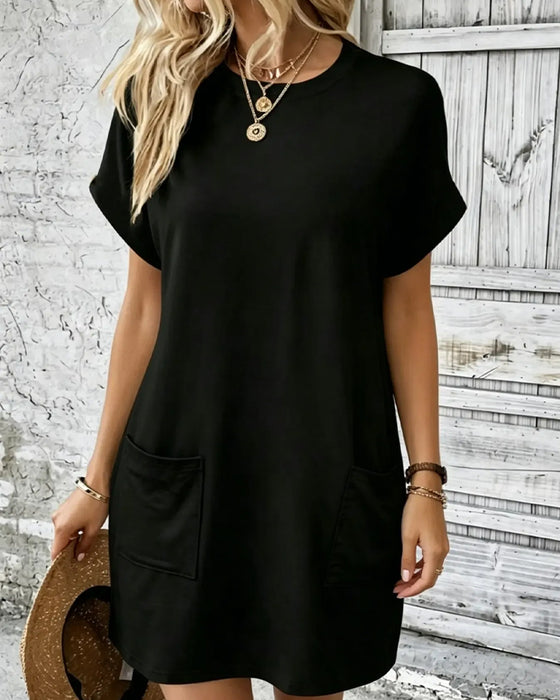 Kjole Rund Hals Dobbel Lomme Solid Avslappnet