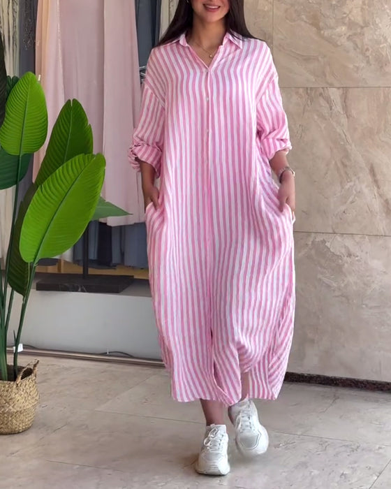 Kjole Løs Revers Stripet