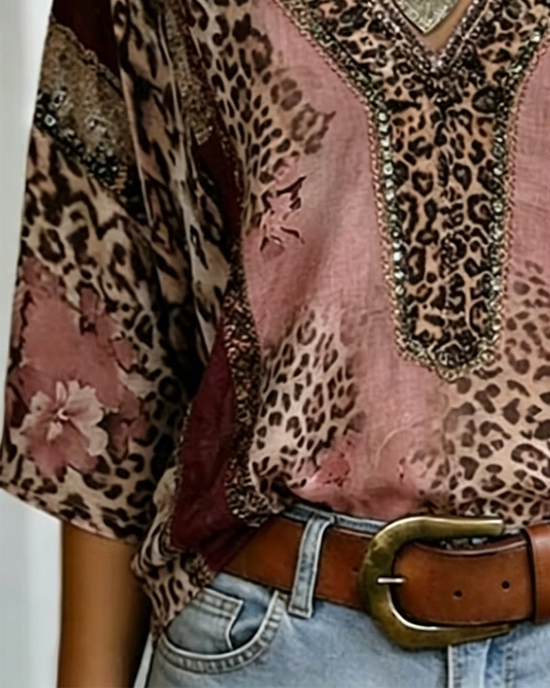 Bluse V-Hals Lykt Erme Leopard