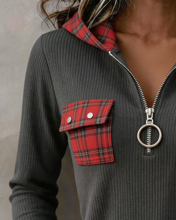 Sweatshirt Rutete Patchwork Halv Glidelås