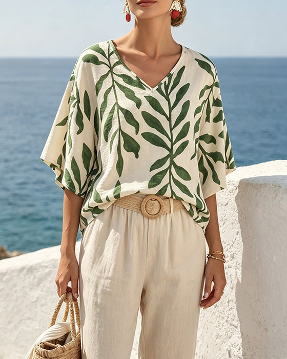 Bluse V-Hals Halv Erme Bladtrykk