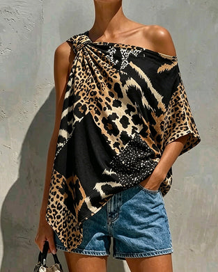 Bluse Leopardmønster Patchwork Enskulder