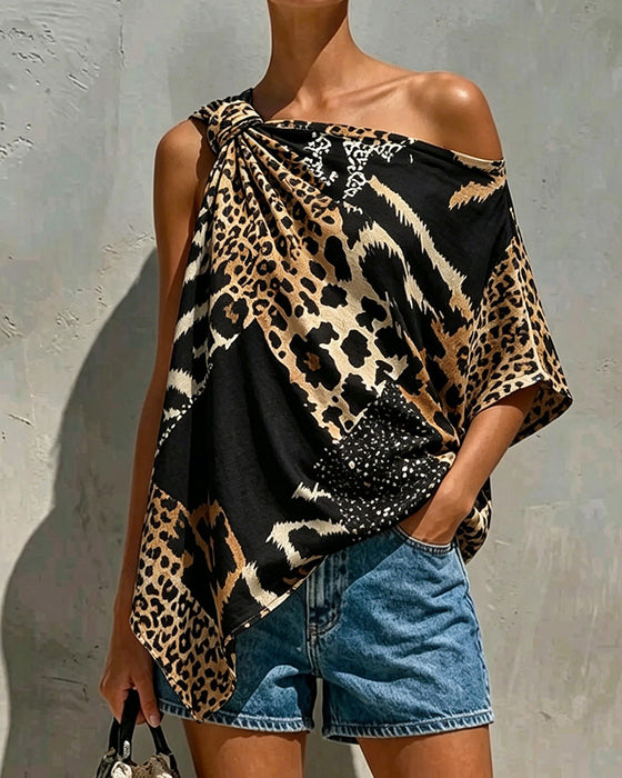 Bluse Leopardmønster Patchwork Enskulder