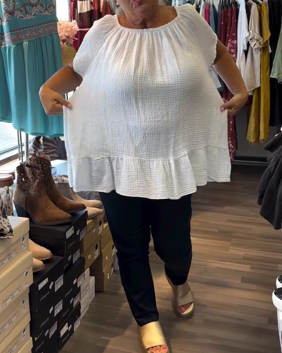 Bluse Rund Hals Rynket Avslappet Solid