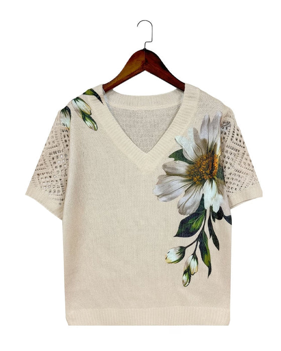Pullover V-Hals Strikket Blomstret