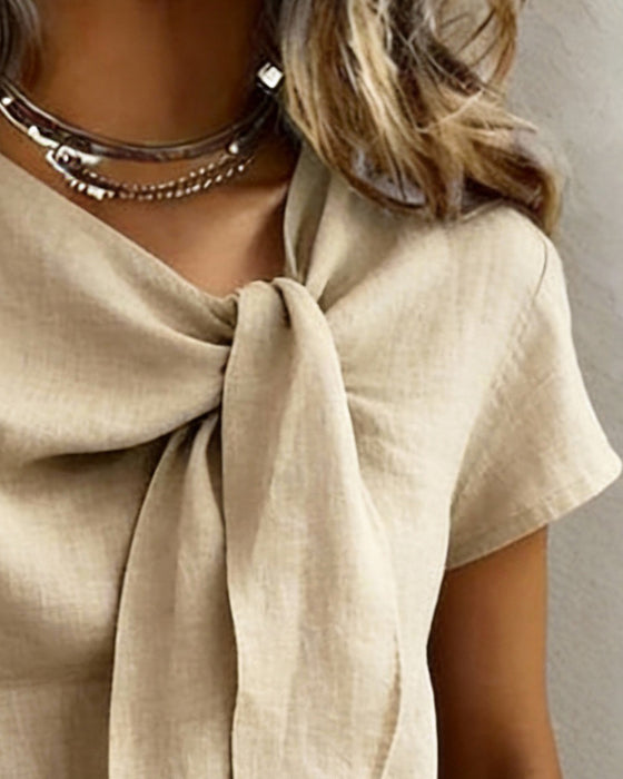 Bluse Lin-Blanding V-Hals Kortærme Avslappet