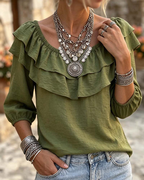 Bluse Dobbelt Lag Ruffle Tre Kvarter Erme