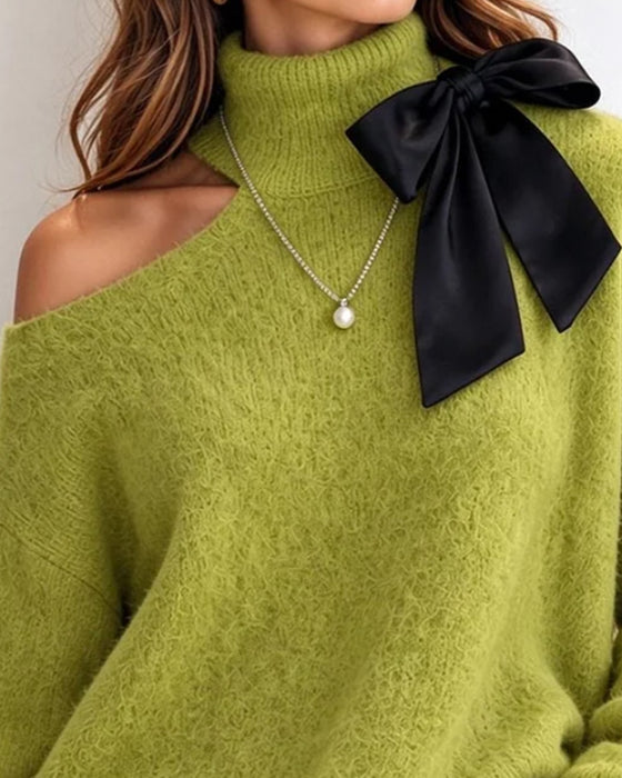 Genser Turtleneck Sløyfe Off-Shoulder Blonder Lappverk