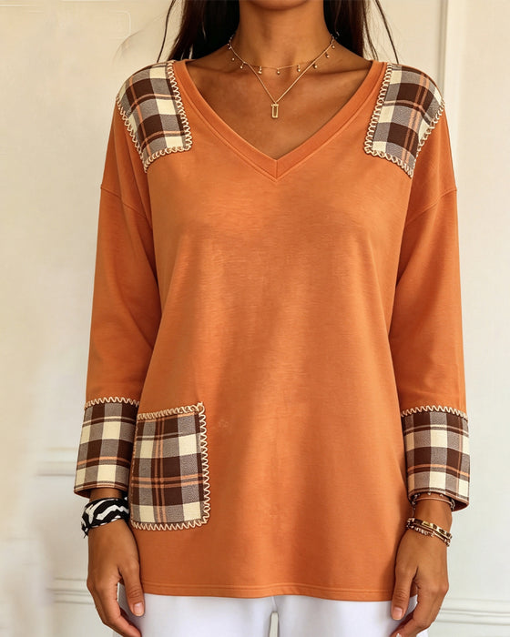 Topp Rute Patchwork V-Hals Casual