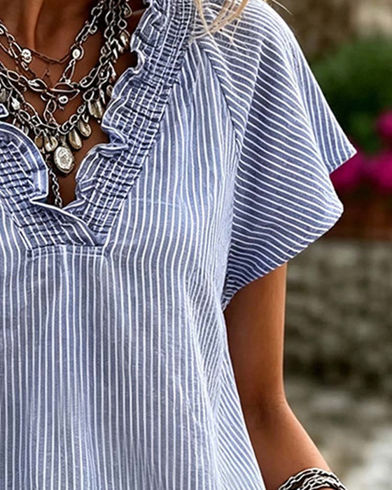Bluse V-Hals Stripe Ruffle