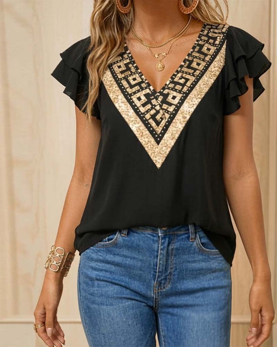 Bluse Lotusbladstrykk V-Hals Kontrast