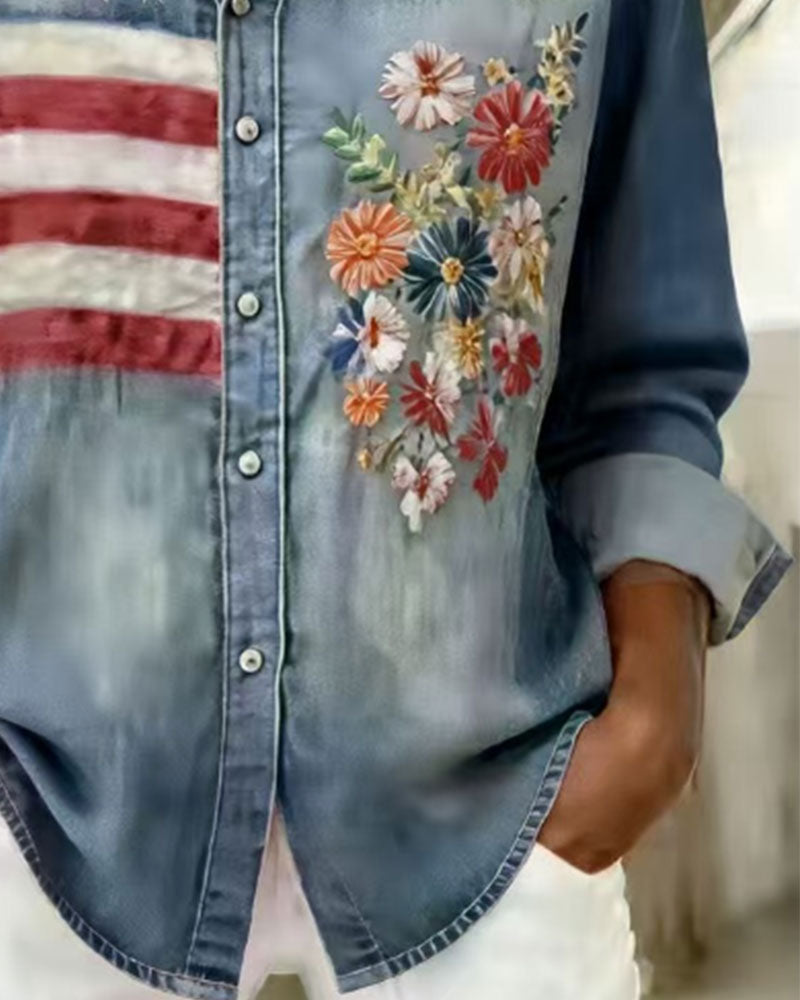 Skjorte Nedfellbar Krage Trykk Broderi