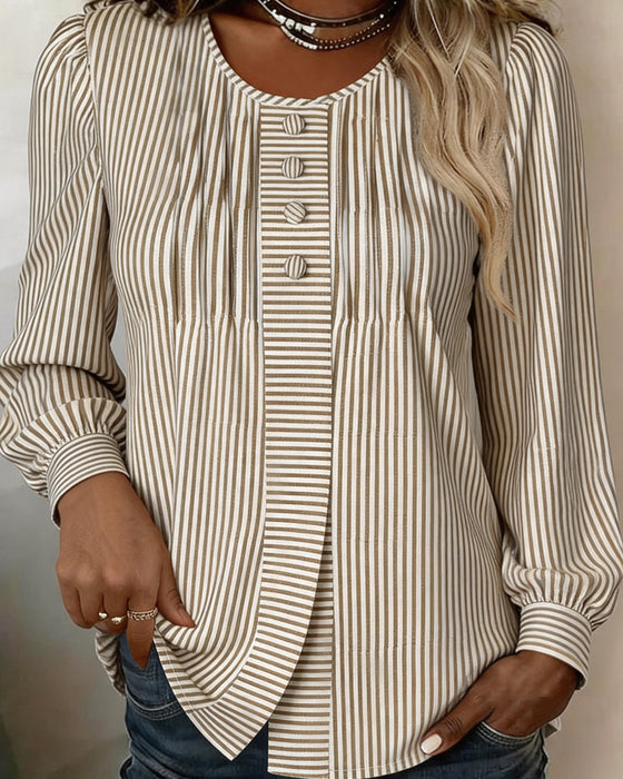 Bluse Rund Hals Knapp Foran Stripe Puffererme
