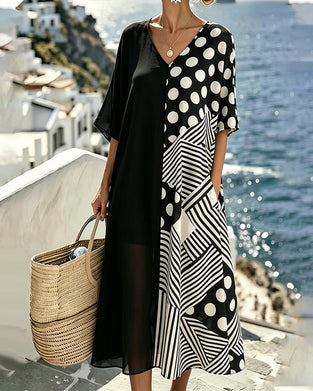 Kjole V-Hals Polka Dot Stripe Patchwork
