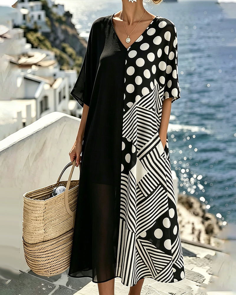 Kjole V-Hals Polka Dot Stripe Patchwork