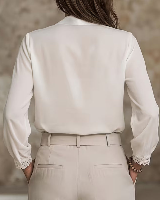 Bluse Solid Farge Rullekrage Kniplinger Lange Ermer