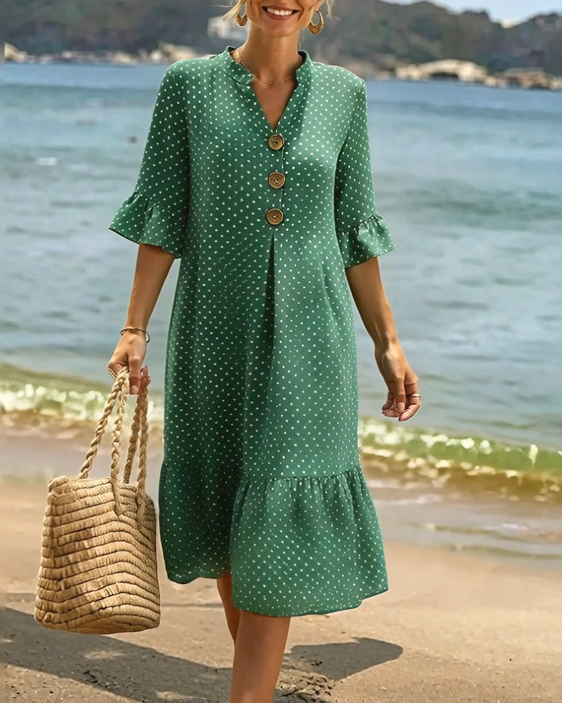 Kjole Polka Dot V-Hals Rynket Erme