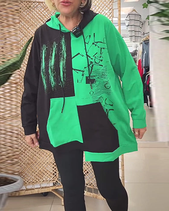 Sweatshirt casual hette fargeblokktrykk