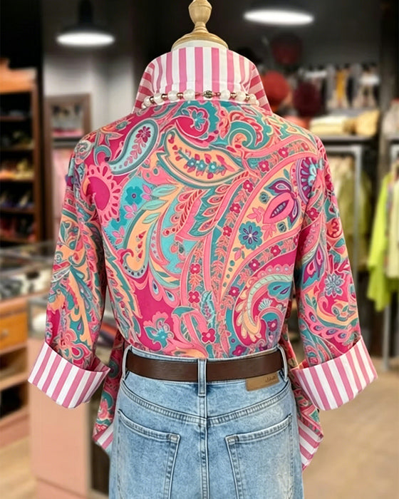 Bluse Patchwork Blomstrende Trykk Casual