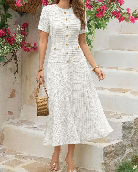 Kjole Rund Hals Slim Fit Knapp Patchwork