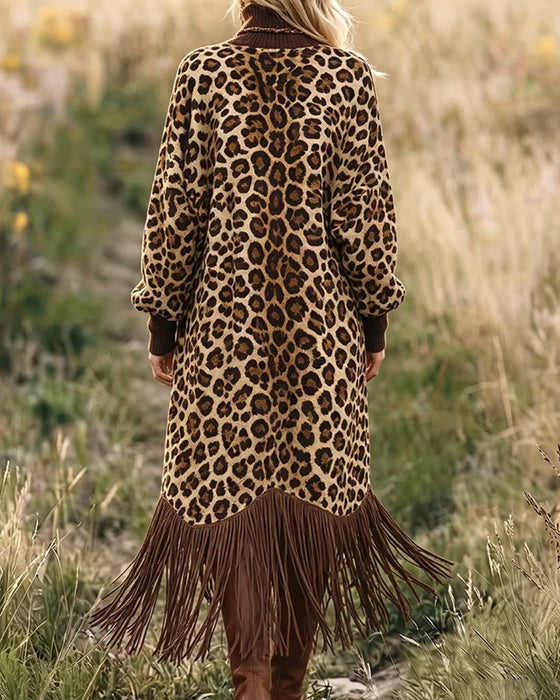 Kjole Leopard Trykk Frynselykt Ermer