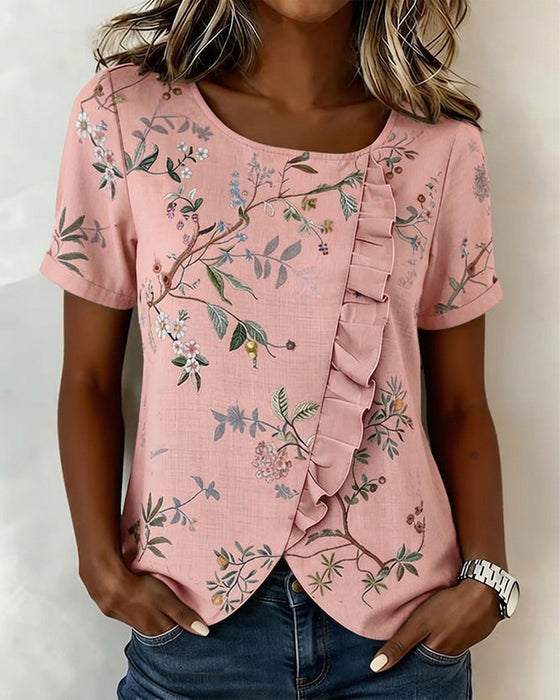 Bluse Rundhalset Kortsermet Rysje Blomstret