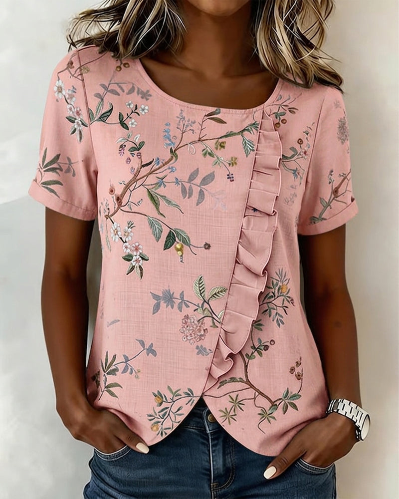 Bluse Rundhalset Kortsermet Rysje Blomstret
