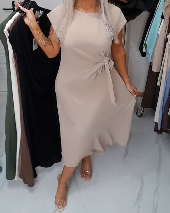 Kjole Ensfarget Rund Hals Midjepasserende Elegant