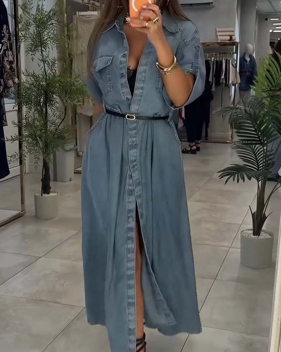 Kjole Skjorte Krage Lomme Knapp Denim