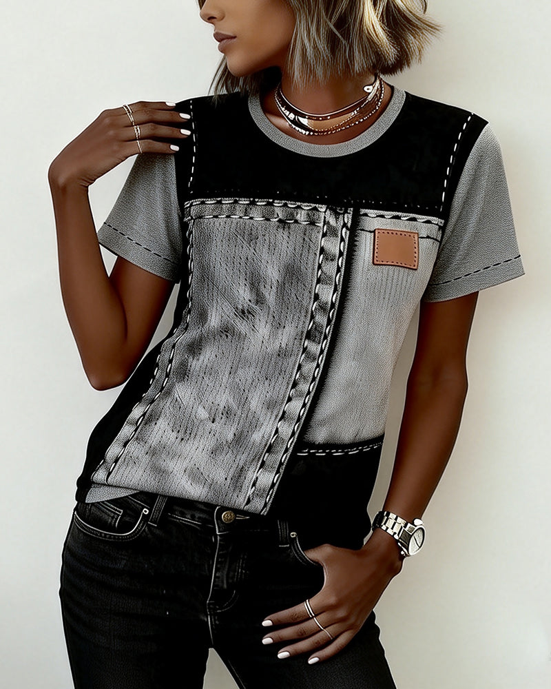 T-Skjorte Fargeblokkpanel Rund Hals Kortærme