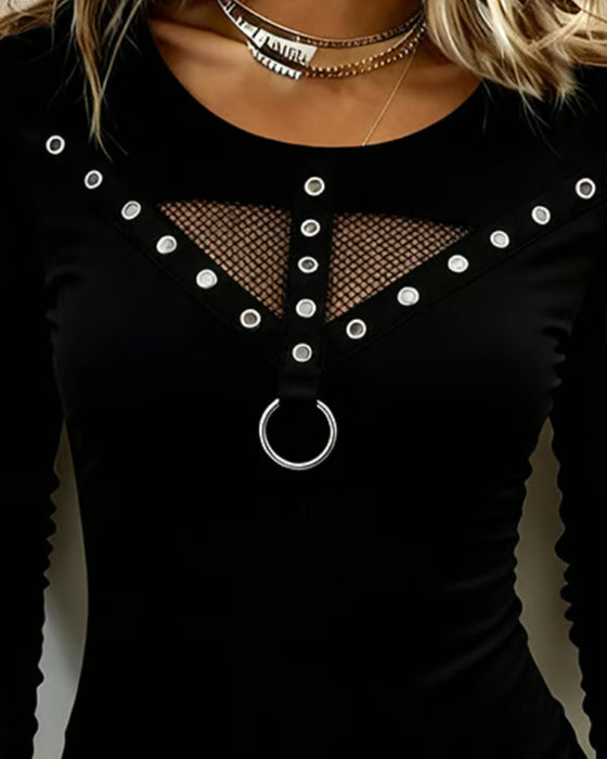Bluse Rund Hals Blonde Panel Utskjæring Metallring