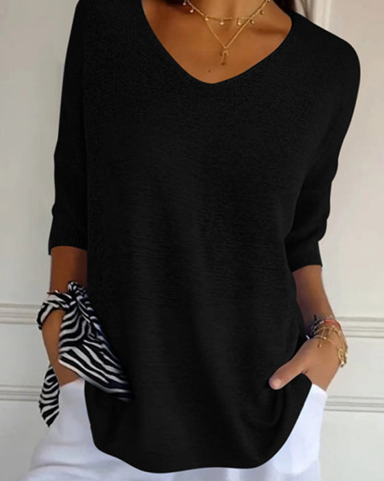 💖 Ensfarget Strikket Topp Med V-Hals