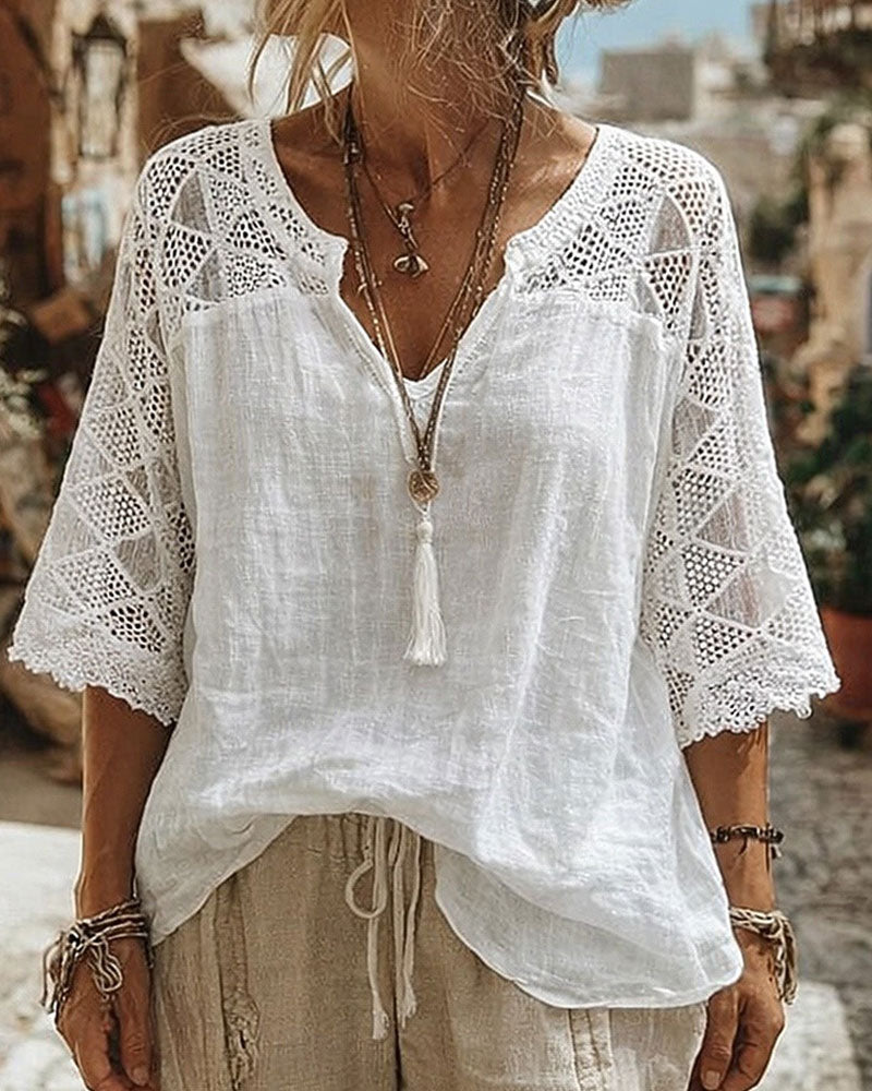 Bluse Ensfarget Panel V-Hals