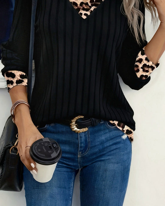 Topp Lang Erme V-Hals Leopard Patchwork