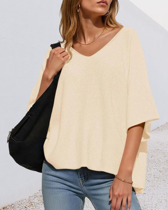 T-Shirt V-Hals Flaggermus Erme Solid