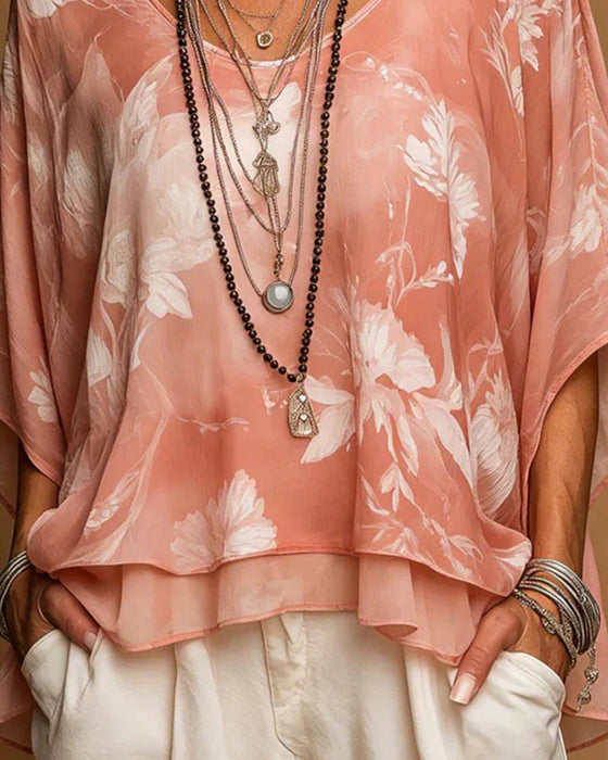 Bluse Blomstret Flaggermus Erme