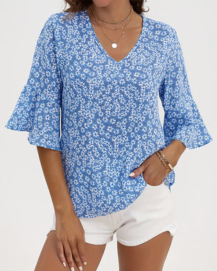 Bluse V-Hals Floral Sommerfugl Erme