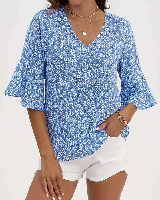 Bluse V-Hals Floral Sommerfugl Erme
