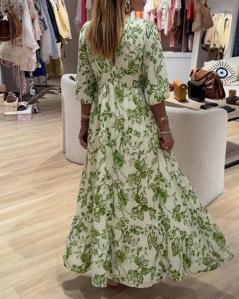 Kjole Dyp V-Hals Elegant Blomstret Lang