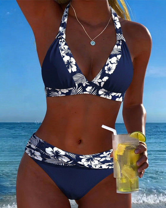 Bikini Dyp V Blå Hvit Trykk Trekant