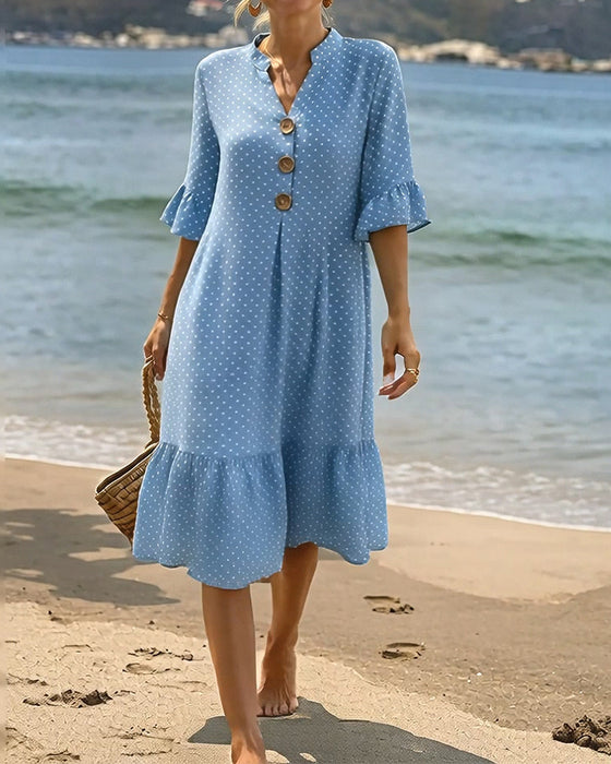 Kjole Polka Dot V-Hals Rynket Erme
