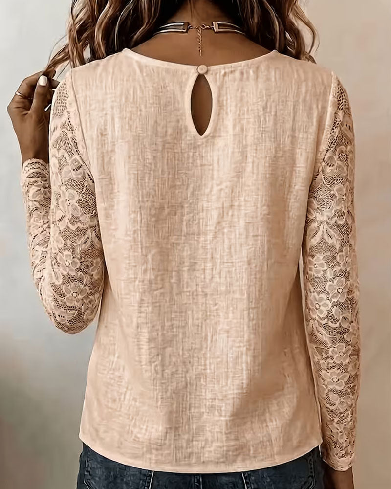 Bluse Rund Hals Knappet Knipling Patchwork Langermet